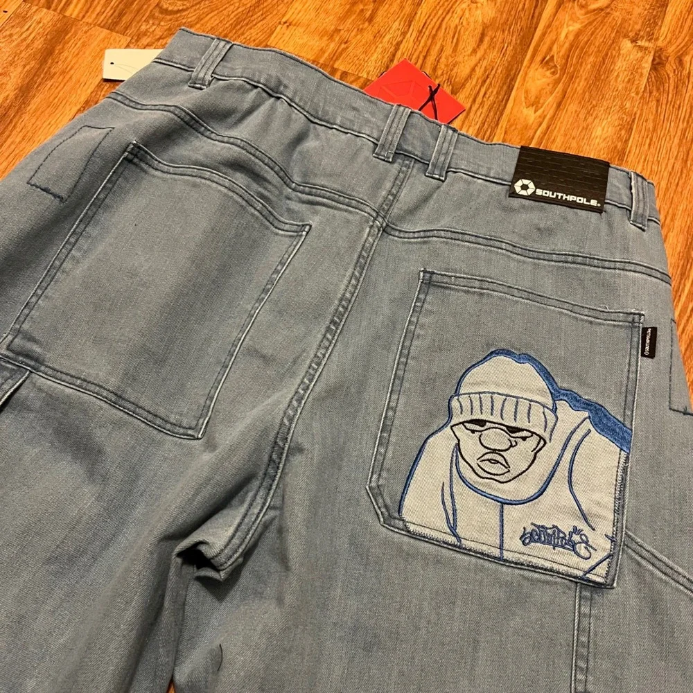 New Southpole Denim Jeans Men 30 Light Wash Embroidered Graphic Detail Baggy Fit